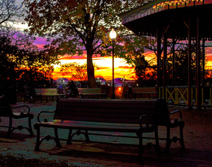 Park Bench Sunset Pavilion Posterized