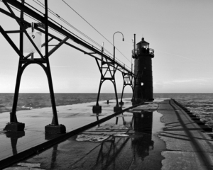 South Haven Pierhead Light Reflection Black and White
