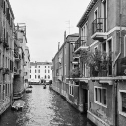Venetian canal scene in black and white featuring historic buildings and waterways.