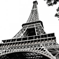 The eiffel tower in paris france captured from a unique low-angle perspective.