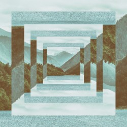Abstract artwork featuring a layered mountain scene within geometric frames.
