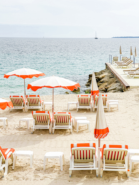 Southern France Beach Photography Retro Beach Umbrellas Monaco Beach Pastel Photography Cote dAzur France French Riviera Print by Radu Bercan