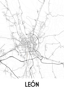 A detailed black and white map of the city of Leon Spain.