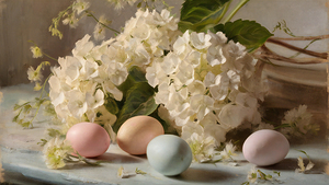 Botanical Easter   White Hydrangea and Eggs
