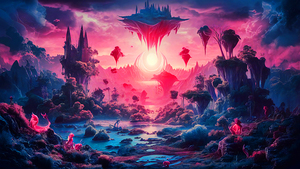 A surreal landscape with floating islands