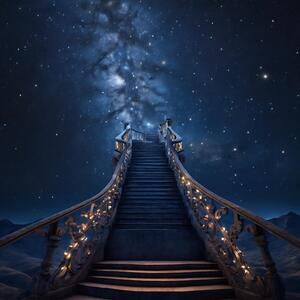 A fantasy staircase leading up to the night sky with intricate wooden carvings and twinkling lights lining the stairs