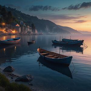 Calm Bay with Fishing Boats at Dusk amazing serene landscape