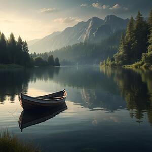 Lone Fishing Boat on a Quiet Lake amazing serene landscape