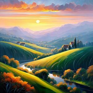 A stunning landscape with a vibrant sunset over rolling hills and valleys