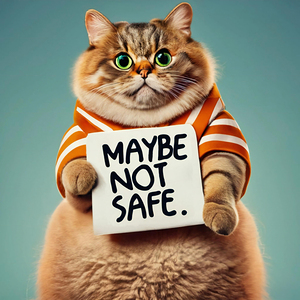 A close-up portrait of a cute fluffy cat with large expressive green eyes wearing an orange and white striped shirt and holding a sign that says Maybe not safe.