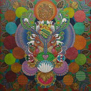 A colorful and intricate surreal painting depicting a central figure