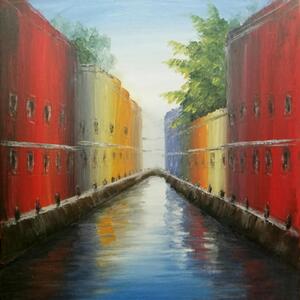 A painting of a scenic canal in Venice Italy. The image depicts a narrow waterway surrounded by tall