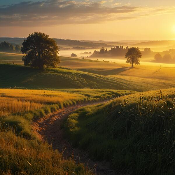 Golden Hour Over a Serene Countryside amazing serene landscape Print