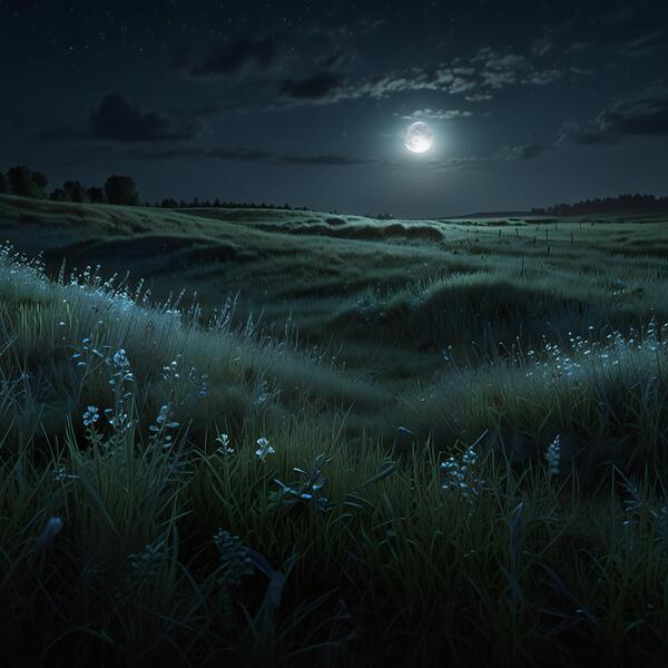 Moonlit Night Over a Calm Meadow amazing serene landscape Print