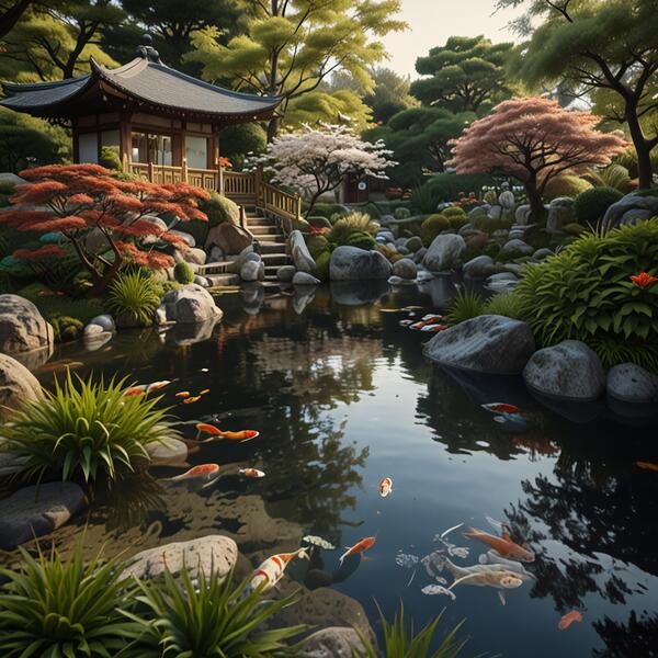 Tranquil Japanese Garden with Koi Pond amazing serene landscape Print