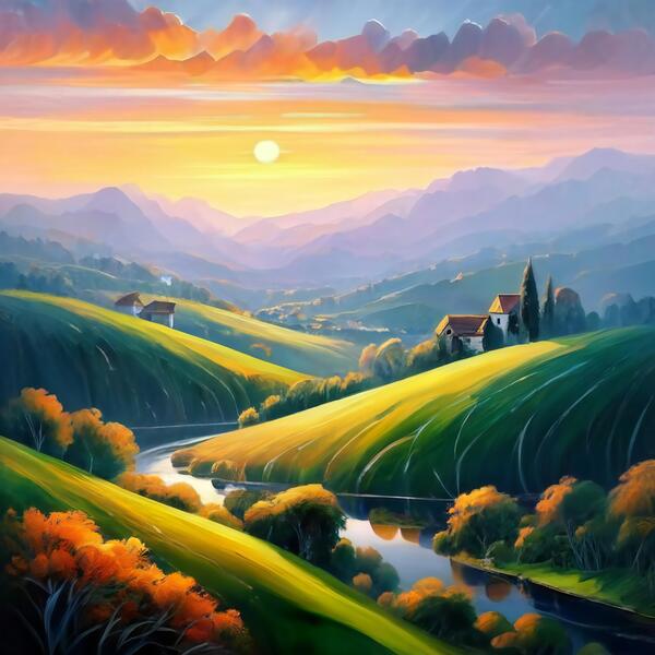 A stunning landscape with a vibrant sunset over rolling hills and valleys Print