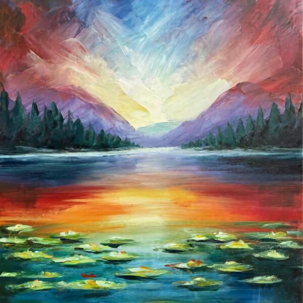 A stunning landscape painting of a serene lake surrounded by lush forests and majestic mountains Print