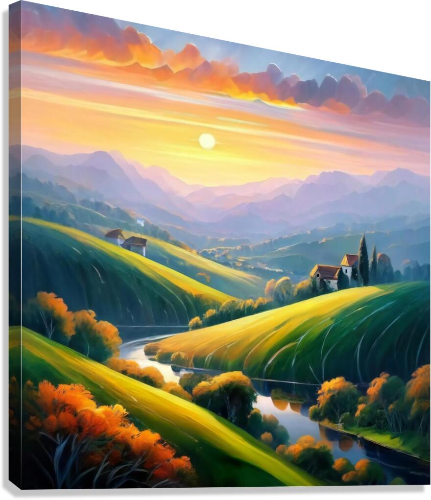 A stunning landscape with a vibrant sunset over rolling hills and valleys Canvas Print