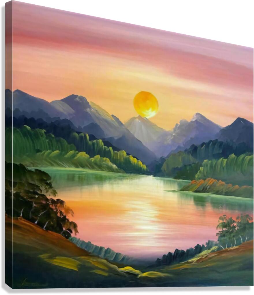 A stunning landscape scene with a vibrant sunset over a serene lake surrounded by towering mountains Canvas Print