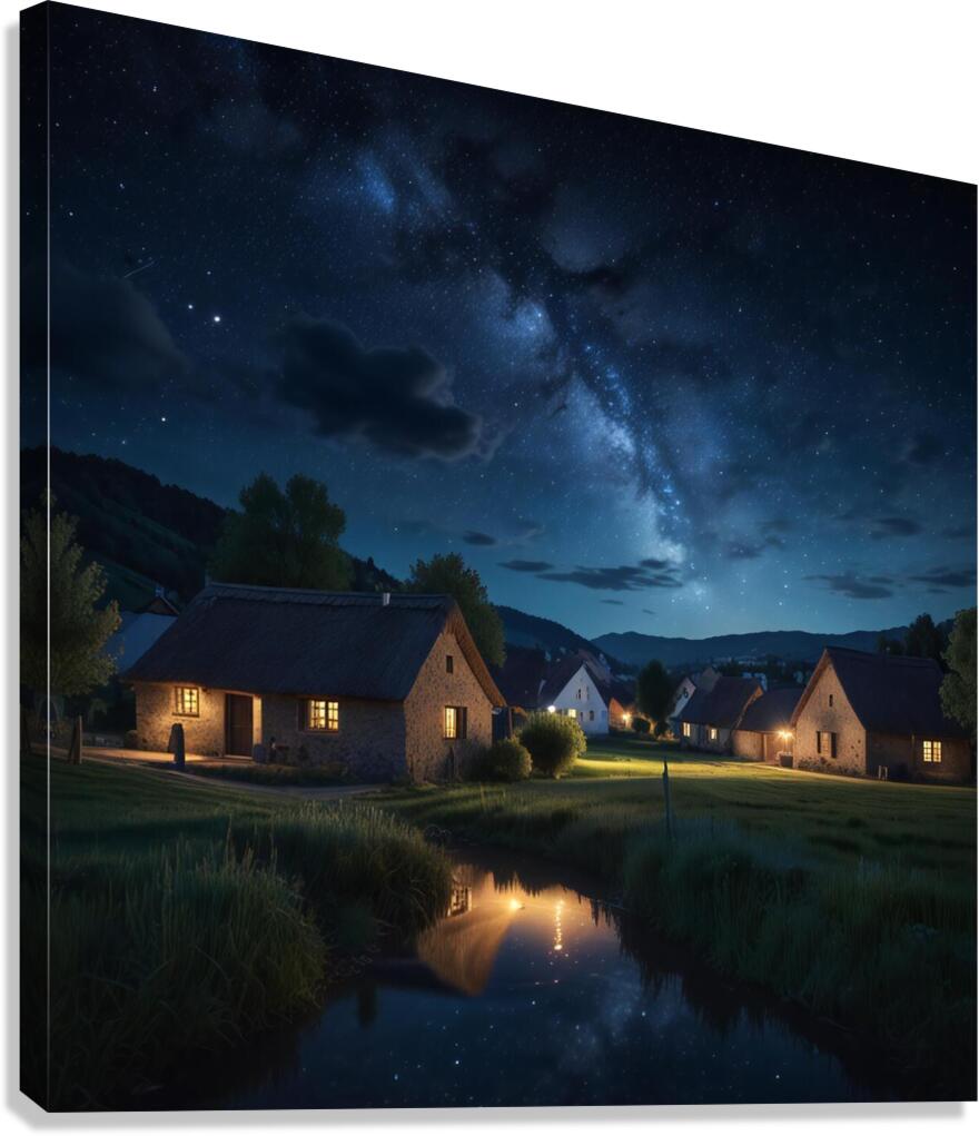 Starry Night Sky Over a Quiet Village amazing serene landscape Canvas Print