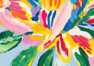 A bright playful flower with abstract petals made from bold cut out shapes in colors like bright yellow red and blue. The stem is simple with smooth curved lines and the flower is the focal point of the image. Background: Solid pastel blue with large simp