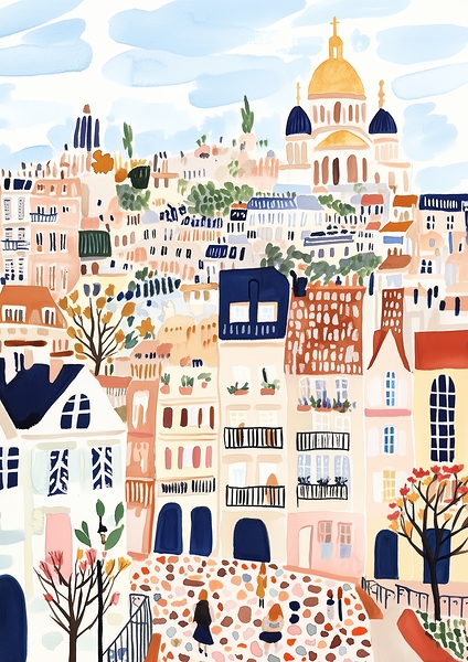 A gouache painting of Montmartre in Paris featuring cobbled streets charming balconies and pastel colored townhouses with the SacrÃ© CÅ“ur Basilica in the background glowing under a golden sunset. The buildings are painted in soft pinks warm yellows and s by Littleleo
