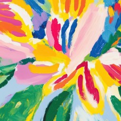 A bright playful flower with abstract petals made from bold cut out shapes in colors like bright yellow red and blue. The stem is simple with smooth curved lines and the flower is the focal point of the image. Background: Solid pastel blue with large simp
