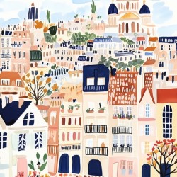 A gouache painting of Montmartre in Paris featuring cobbled streets charming balconies and pastel colored townhouses with the SacrÃ© CÅ“ur Basilica in the background glowing under a golden sunset. The buildings are painted in soft pinks warm yellows and s