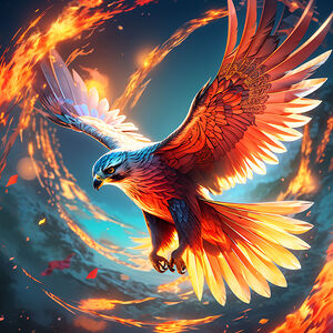  majestic falcon soaring through a fiery ring fea