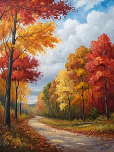 Golden Autumn Serenity: A Winding Forest Path Beneath Fiery Foliage and Bright Skies