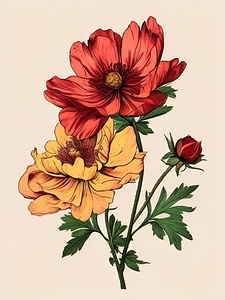  Red and Yellow Flower with Green Leaves on White Background