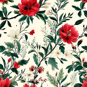 Summer Bloom - Repeating Floral Pattern in Red White and Green