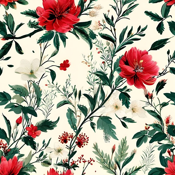 Summer Bloom - Repeating Floral Pattern in Red White and Green by Artshop