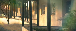 	Chinese architecture with sunbeams