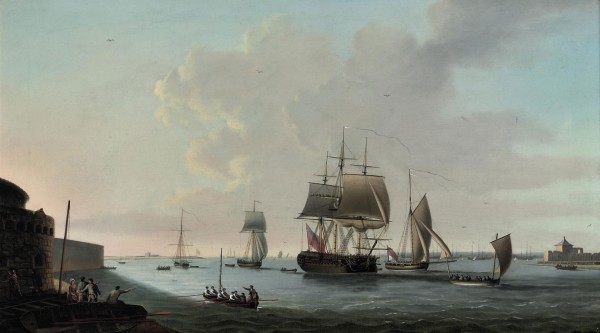 An English frigate running into Portsmouth harbour Print