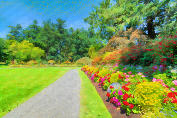 Green wide open meadow in a park with paved pathway. Pastel by ImageNet