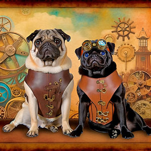 Black and Fawn Steampunk Pugs
