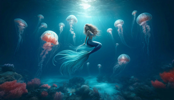 Mermaid and jelly fish Print