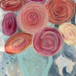 Mums in blue vase