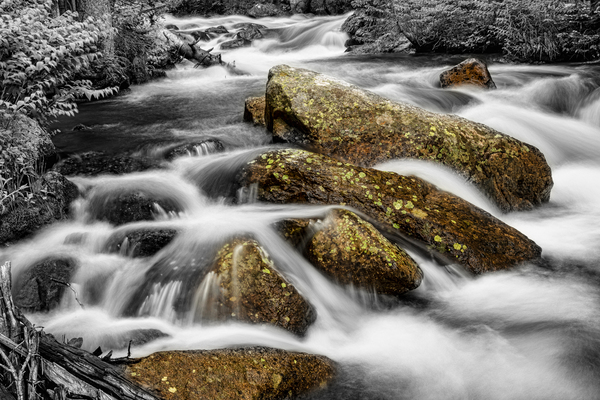 Cascading Water and Rocky Mountain Rocks BWSC Print