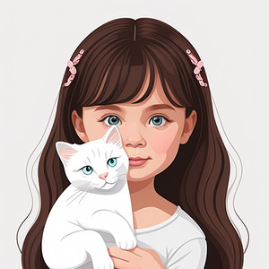 A Heartwarming Cartoon Depicting a Beautiful Girl and Her Adored White Cat with Blue Eyes