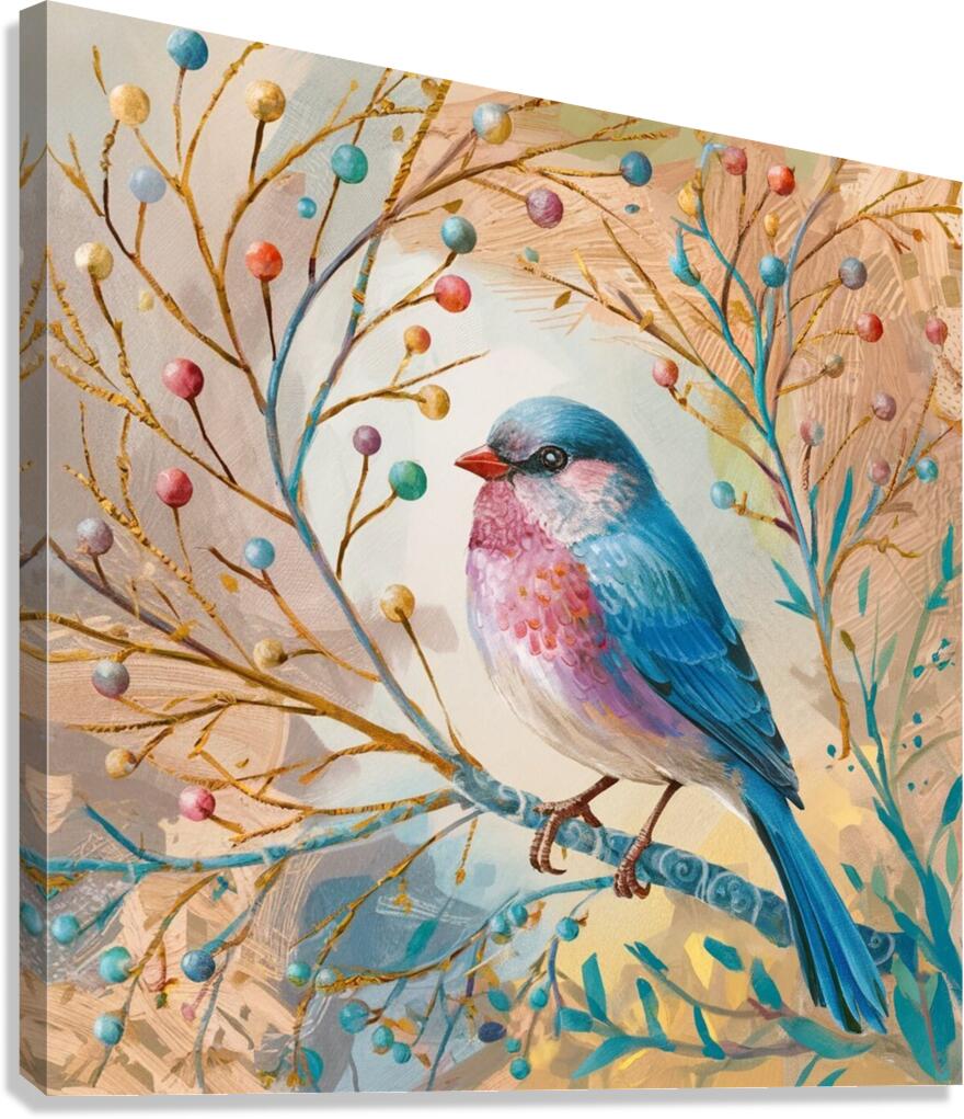 a vibrant and whimsical illustration of a bird pe Canvas Print