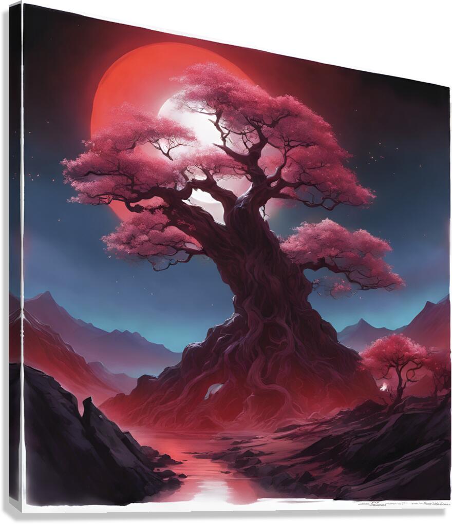 the ethereal beauty of a mystical landscape under the red moonlight Canvas Print