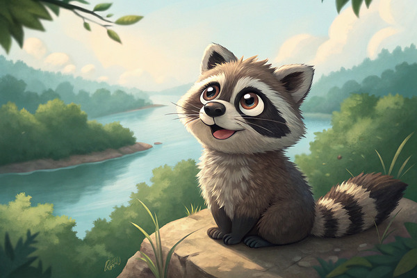 Adorable Baby Raccoon by the River – Cute Forest Animal Illustration by WallzCraft