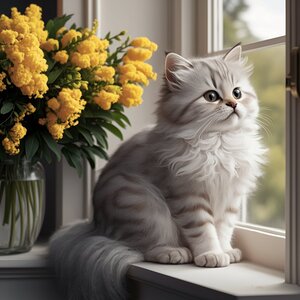 a cute fluffy kitty sitting by the window