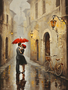 Romantic Rainy Street Kiss Vintage European Cityscape Wall Art Digital Download for Home & Office Decor
