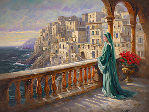 Mediterranean Coastal Town Painting: Elegant Woman Seascape 