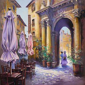 Charming Italian Restaurant Street Scene Painting: European Cafe Digital Art Print