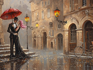 Romantic Rainy Street Kiss Vintage European Cityscape Wall Art Digital Download for Home & Office Decor
