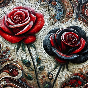 Stunning Red and Black Roses Mosaic Art - Unique Floral Wall Decor Digital Art Print for Modern Interiors